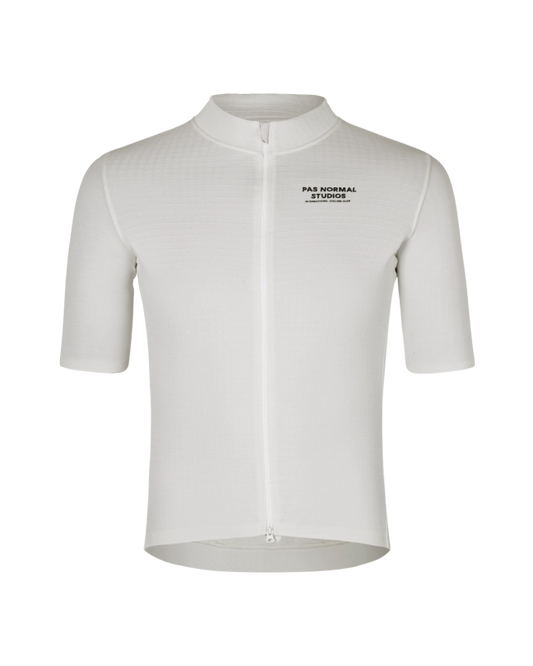Men's Escapism Wool Jersey in off white color, short-sleeved cycling top with a collar and front zipper.