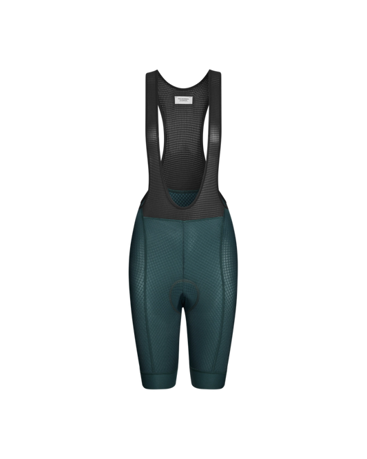 Women’s Essential Bibs dark petroleum paired with matching jacket, front view