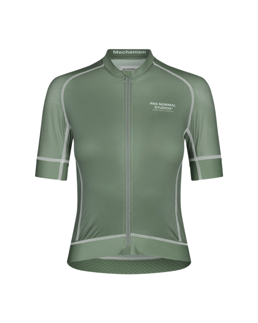 Women's khaki green cycling jersey with short sleeves and a front zipper.
