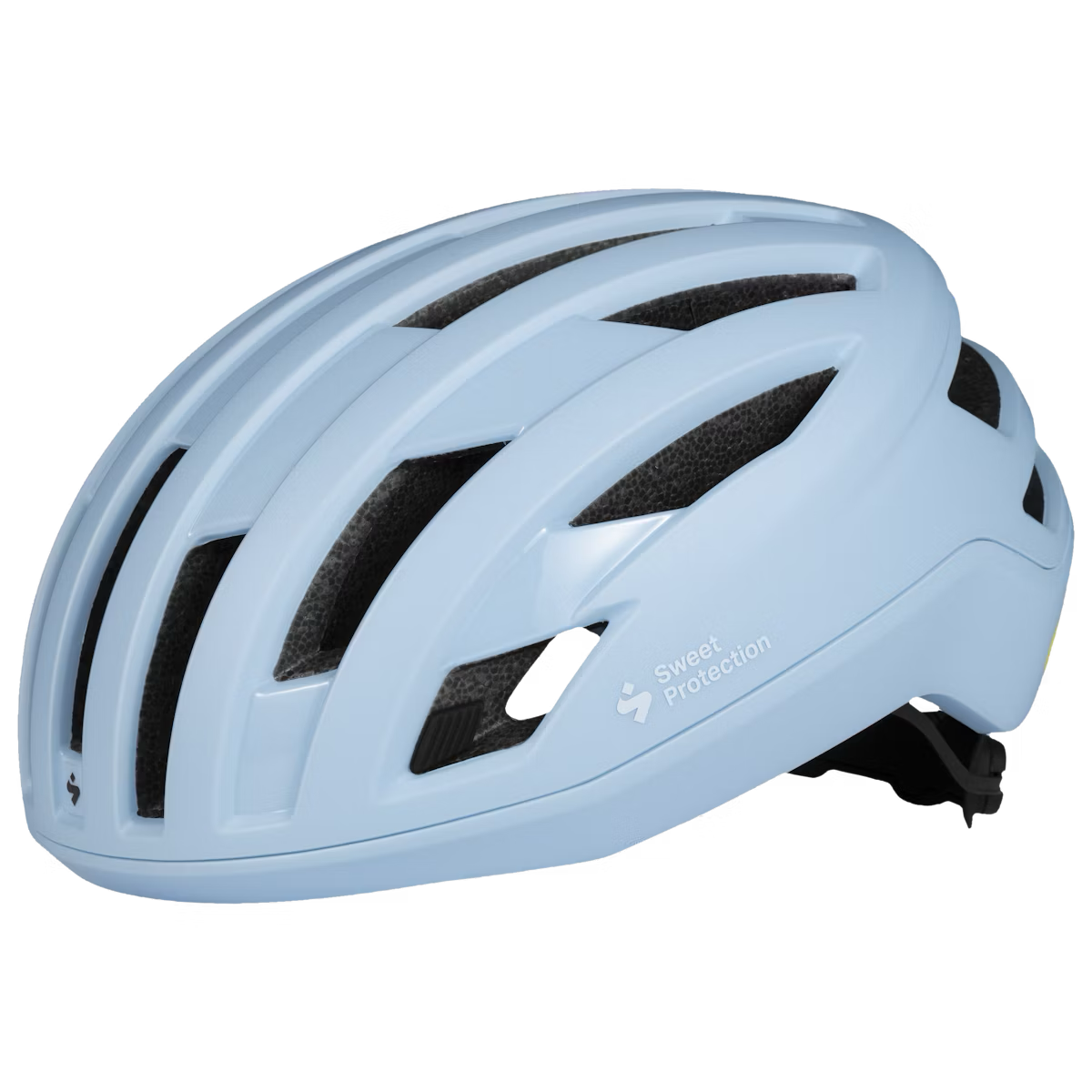 A light blue Fluxer MIPS helmet designed for cycling, featuring ventilation holes and a sleek shape.