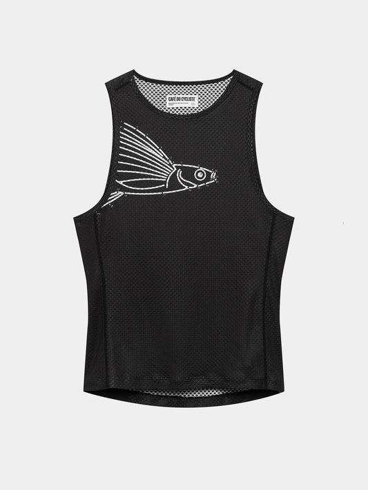 Women's sleeveless black base layer tank top with a white dot pattern and a graphic of a fish on the front.