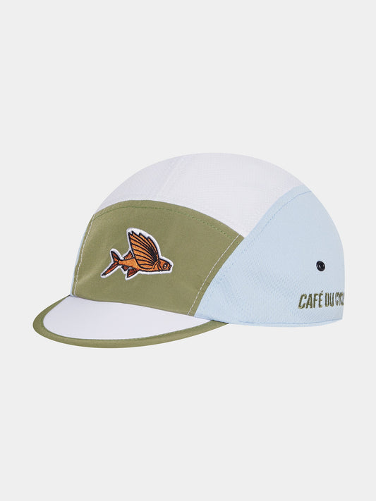 A cycling cap with a five-panel construction featuring a khaki green and ice blue color scheme with a bird logo on the front and the text 'CAFE DU CYCListe' on the side.