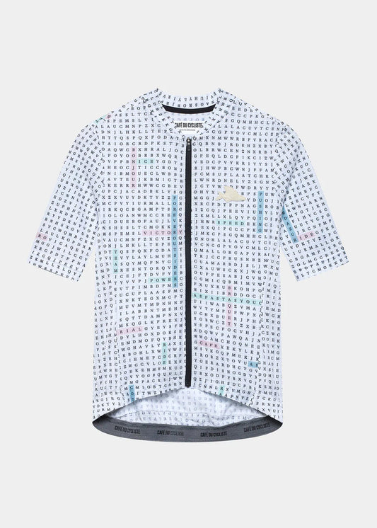 Women's cycling jersey in a geometric pattern with a full-length zipper in the front.