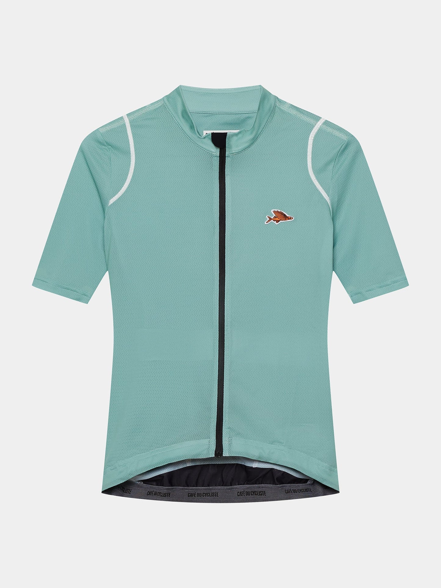 Women's short-sleeved cycling jersey in green with reflective detailing and a front zipper.