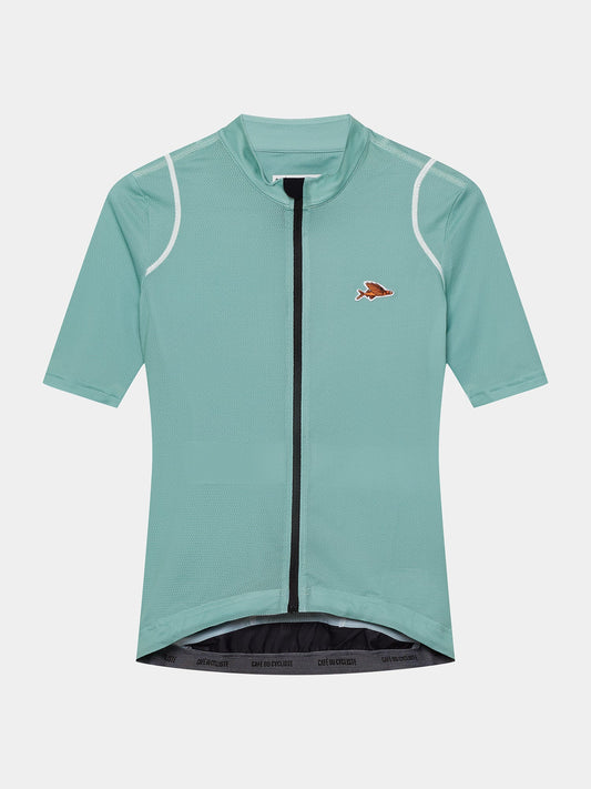 Women's short-sleeved cycling jersey in green with reflective detailing and a front zipper.