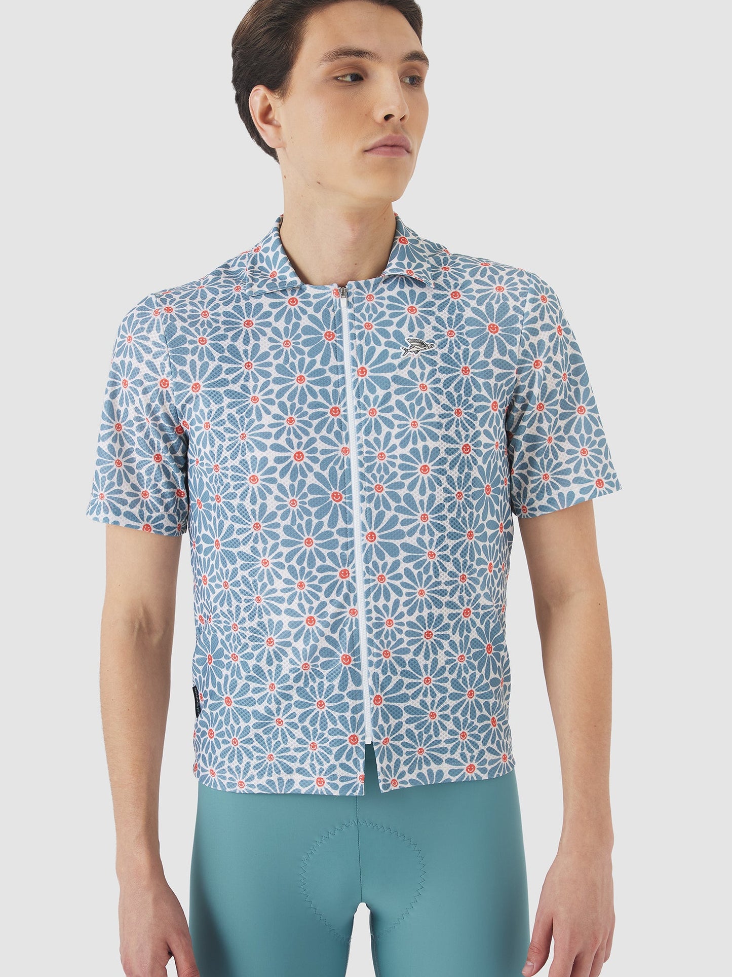 Front view of Claudine Shirt featuring daisy floral print in deep water colors.