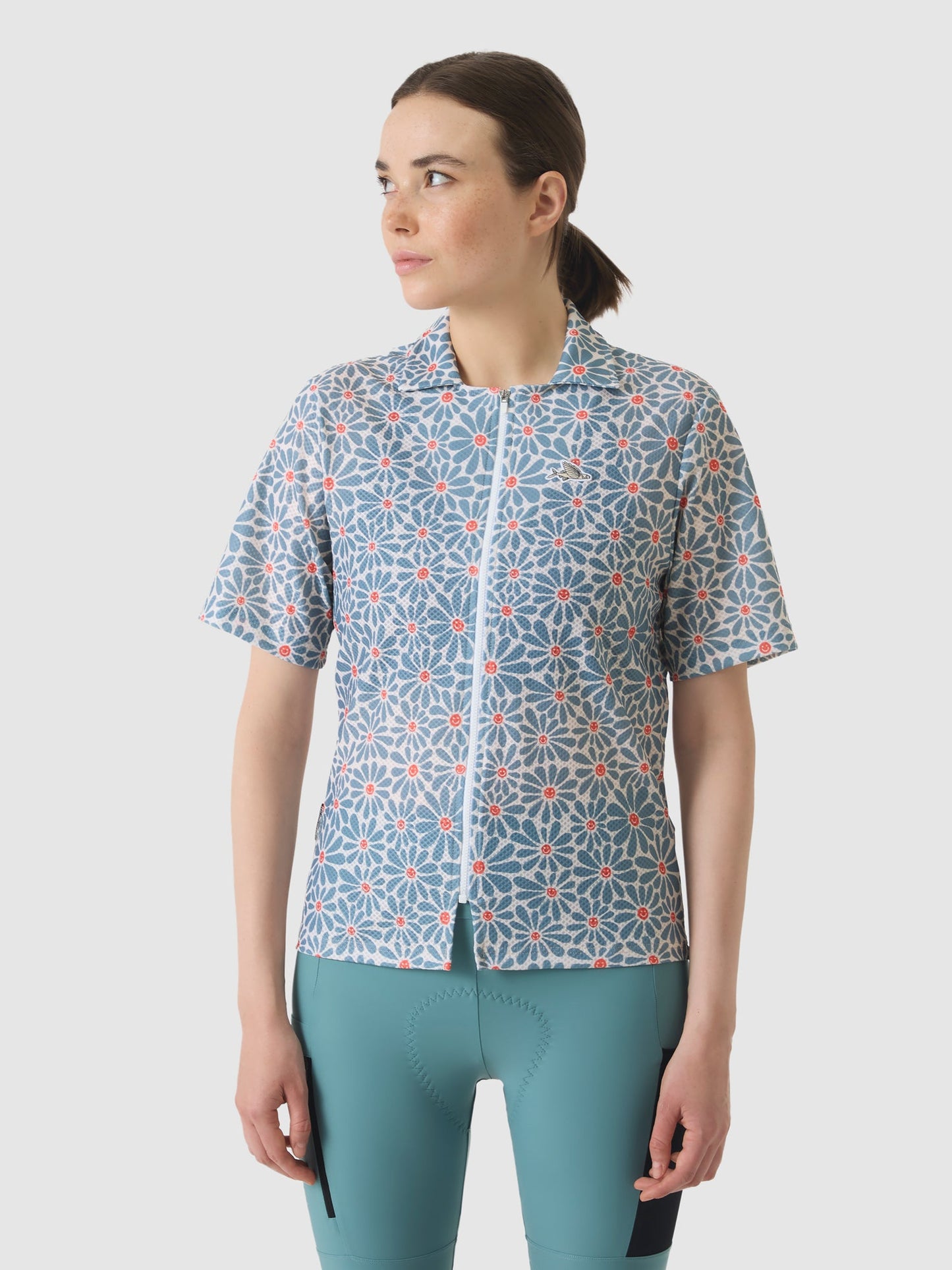 Front view of Claudine Shirt in Daisy Deep Water pattern with blue floral print