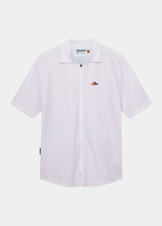 A white short-sleeved cycling jersey with a vichy print and a small logo on the chest, featuring a full zip and a relaxed fit.