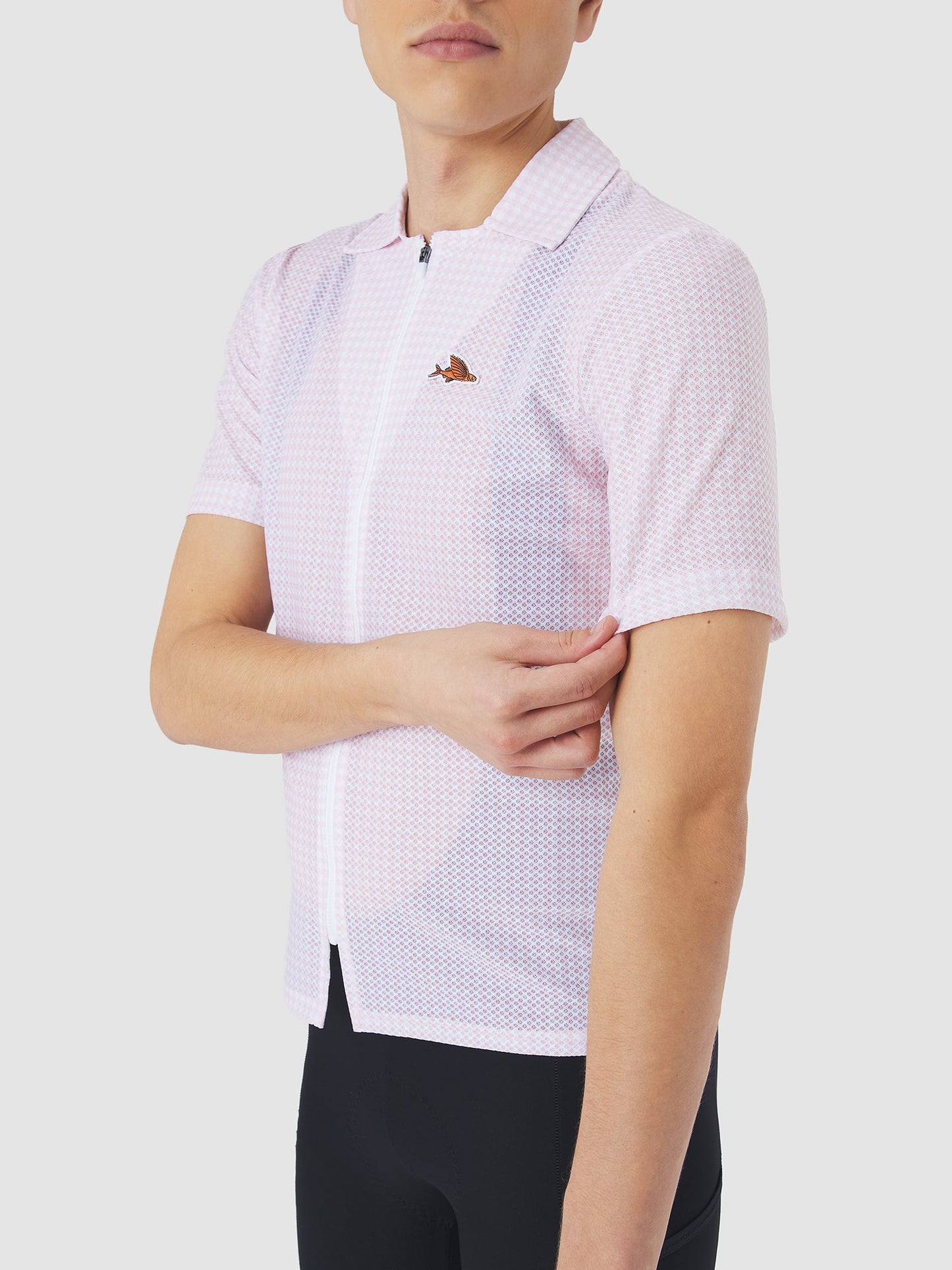 Side angle of Claudine Shirt highlighting the button front in Plush Vichy cassiopeia print.