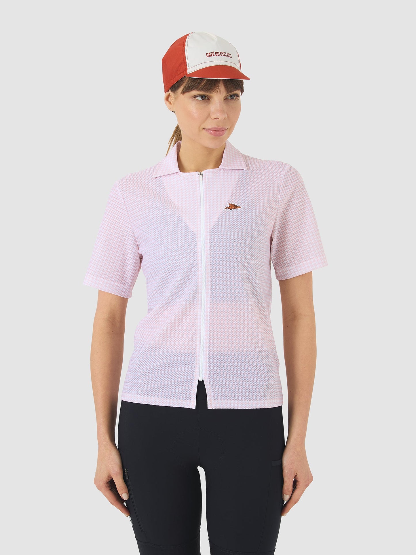 Outdoor shot of model in bright light wearing Claudine Shirt with Plush Vichy cassiopeia.
