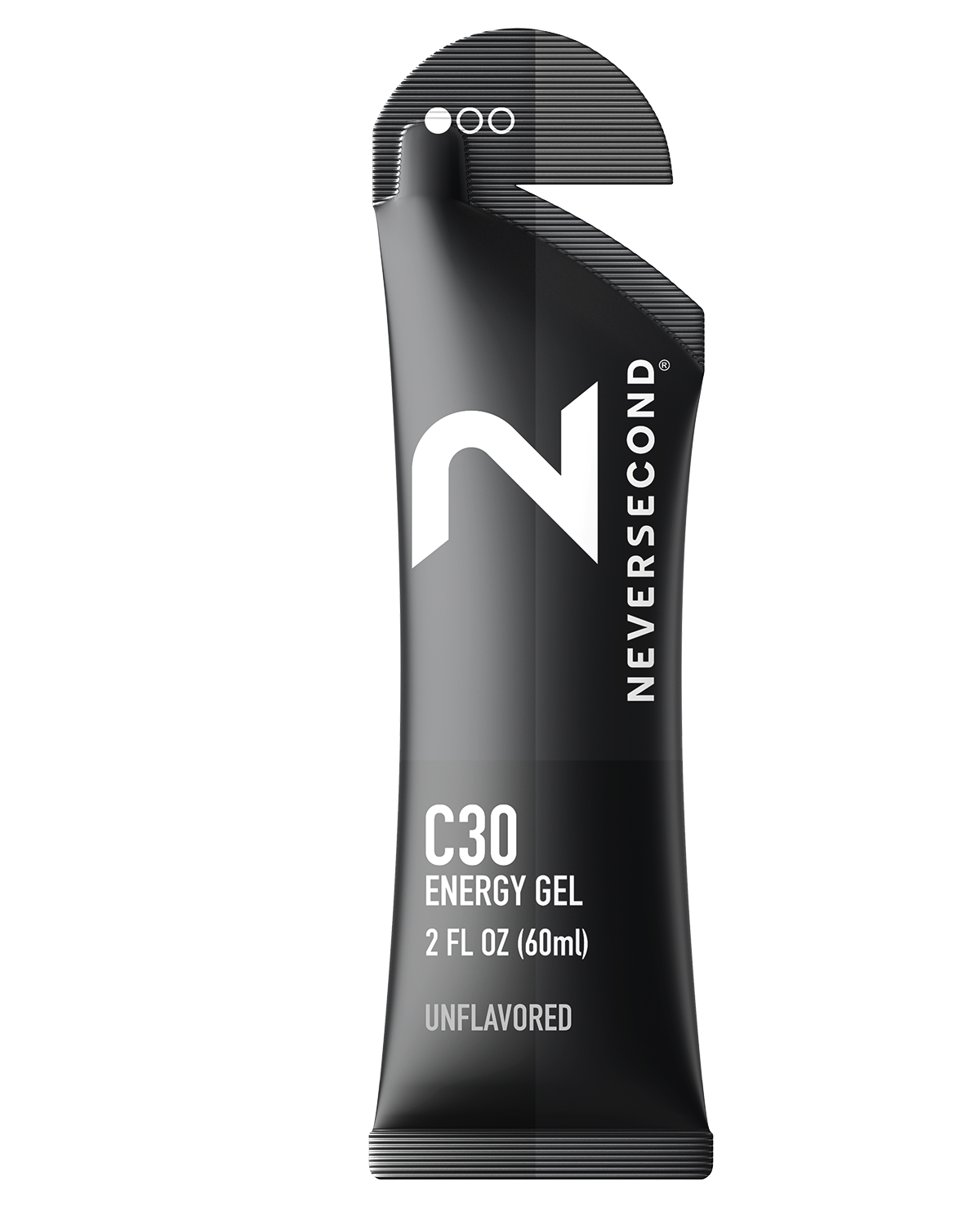 Black energy gel packet with 'Neversecond' branding on a white background