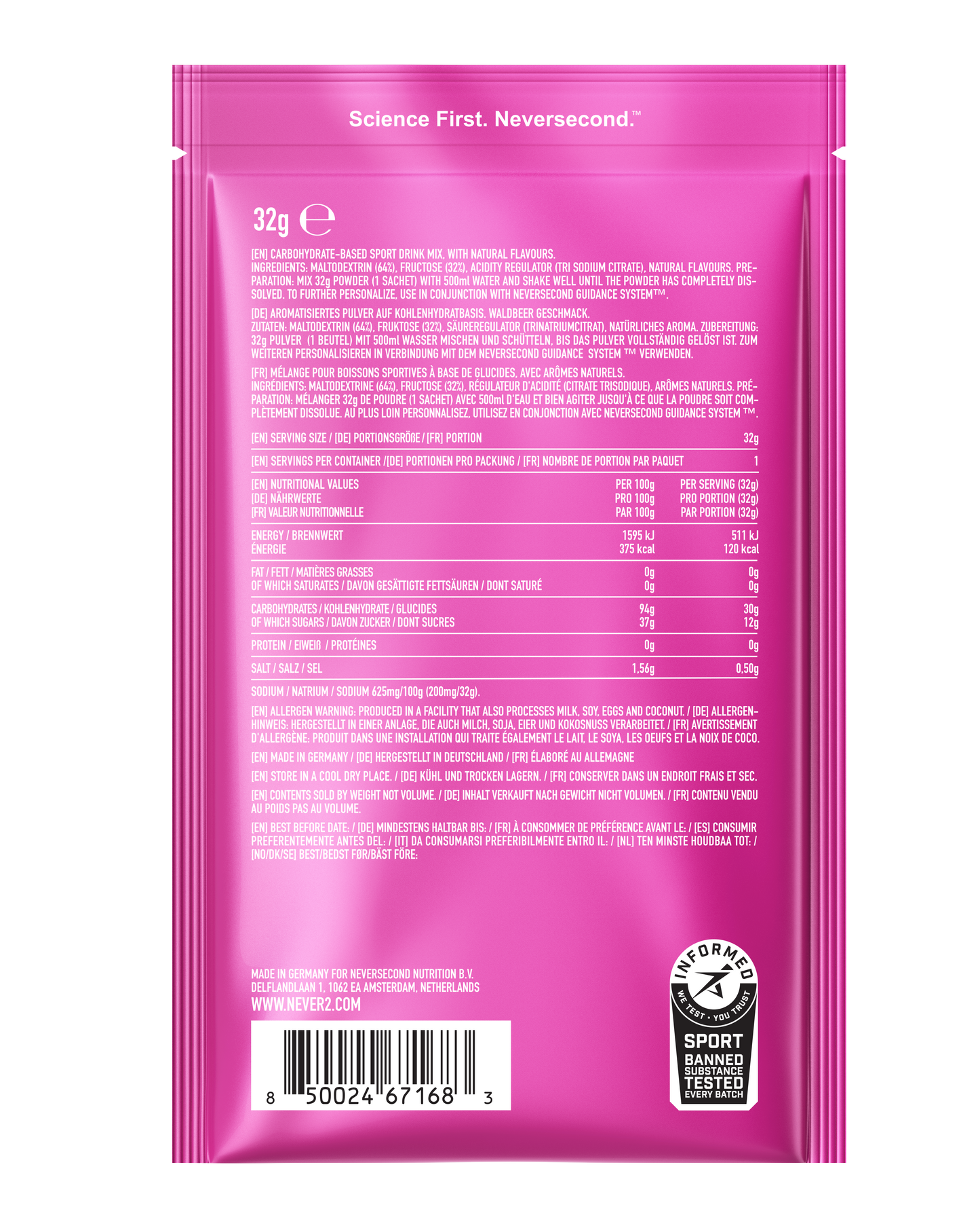 Pink supplement package with text and branding on a white background