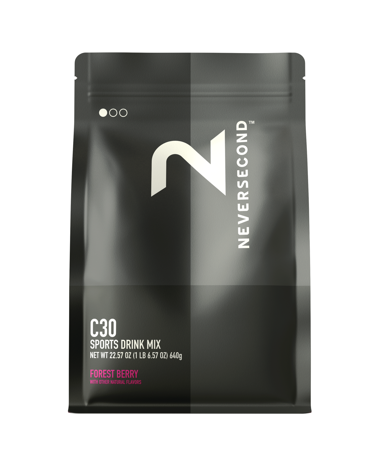 Black package of Never Second C30 Sports Drink Mix on a white background