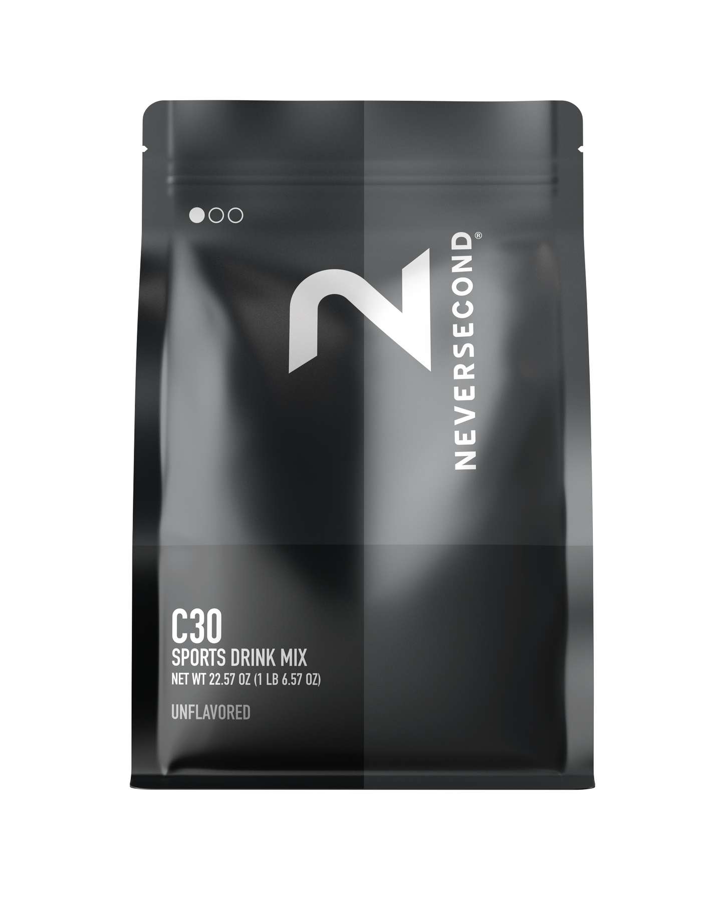 Black package of Neversecond C30 Sports Drink Mix on a white background