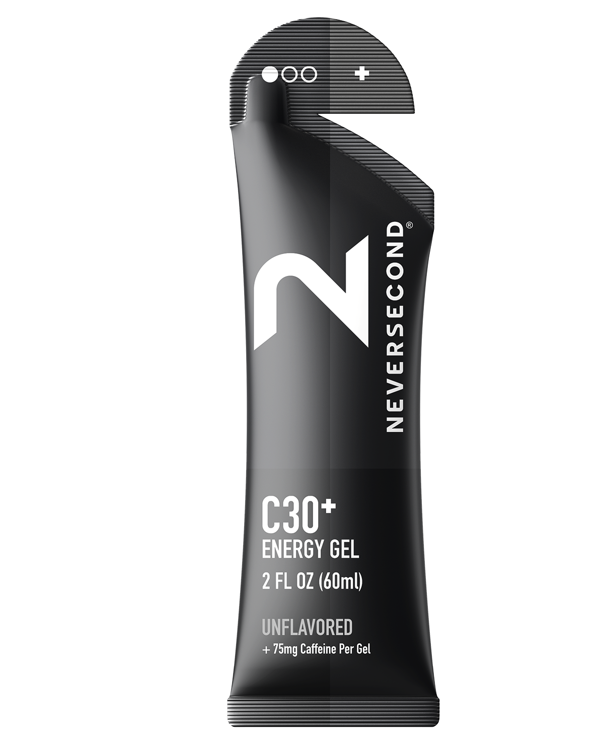 Black energy gel packaging with 'Neversecond' branding on a white background