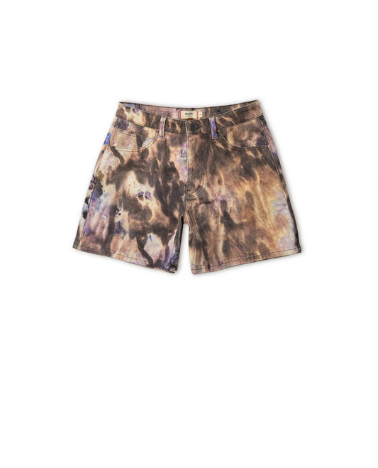 A pair of women's shorts with a camouflage pattern in muted colors.