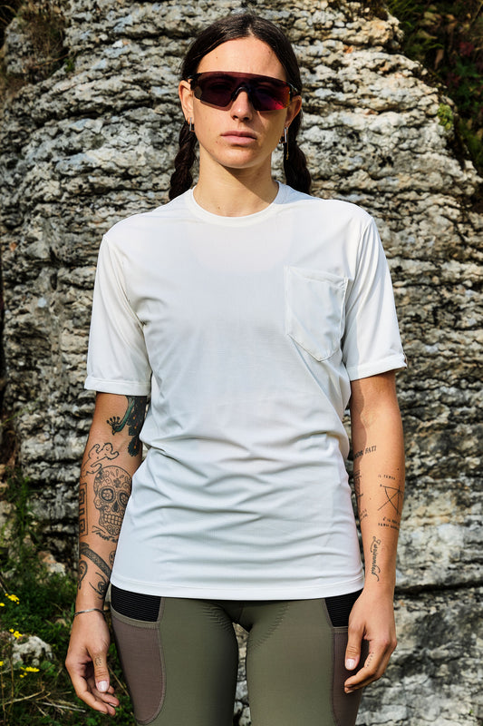 Beyond Gravel Cargo Tee in Off White, perfect for on and off the bike adventures.