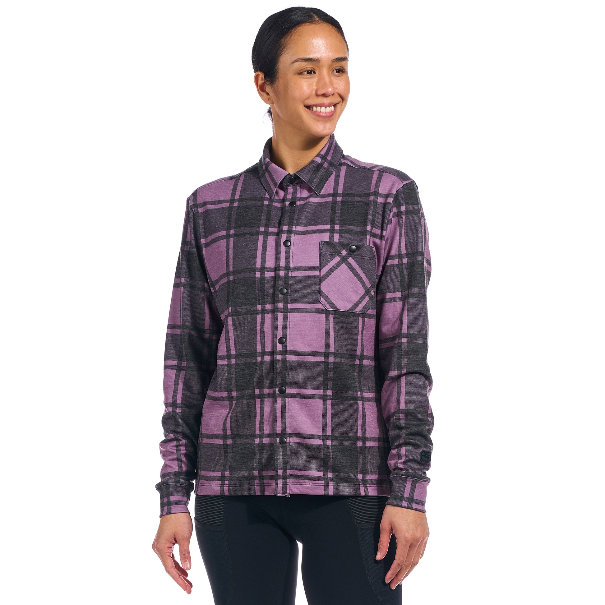 Beyond Gravel Button Down Wool Long Sleeve Shirt in Grapeade Plaid, perfect for outdoor adventures.