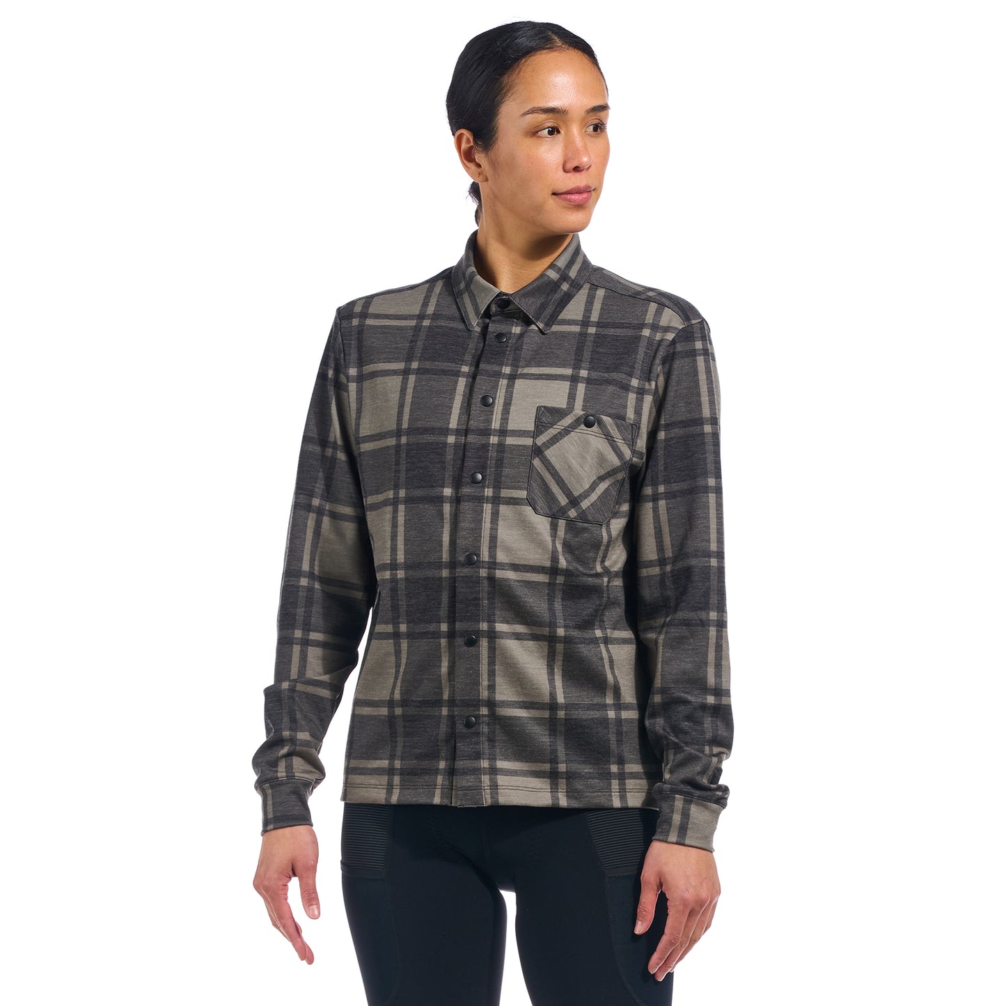 Beyond Gravel Button Down Wool Long Sleeve Shirt in Olive Plaid, designed with a stretchy Merino wool blend for temperature regulation.