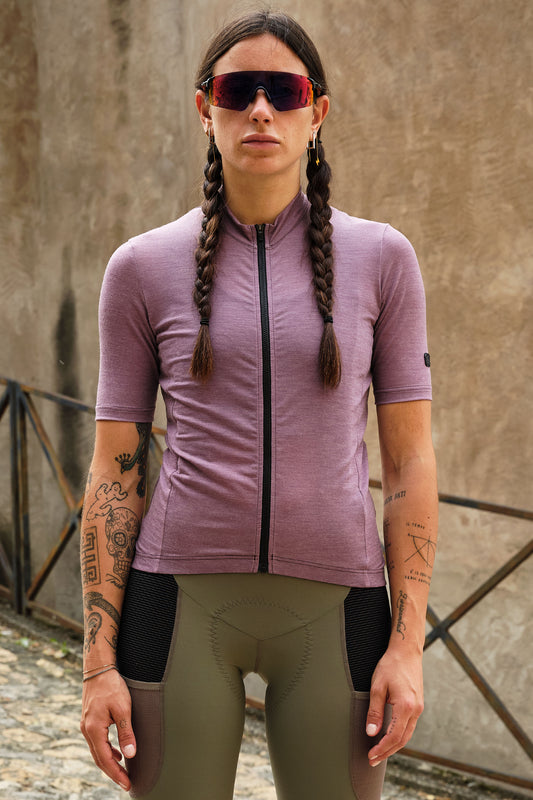 Beyond Gravel Wool Jersey in Grapeade, designed for comfort and style on unpaved rides.