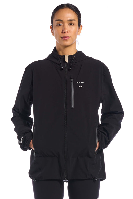 Image of The KB Jetty Rain Jacket in Meteorite Black, featuring a waterproof design suitable for every rider and terrain in the Giordana x Kristopher Brock capsule collection, available on Cassiopeia US.