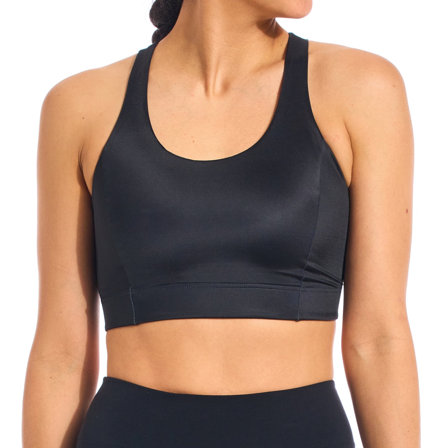 Cassiopeia Black sports bra, Aspen™ moisture-wicking fabric, seamless racerback yoga cycling