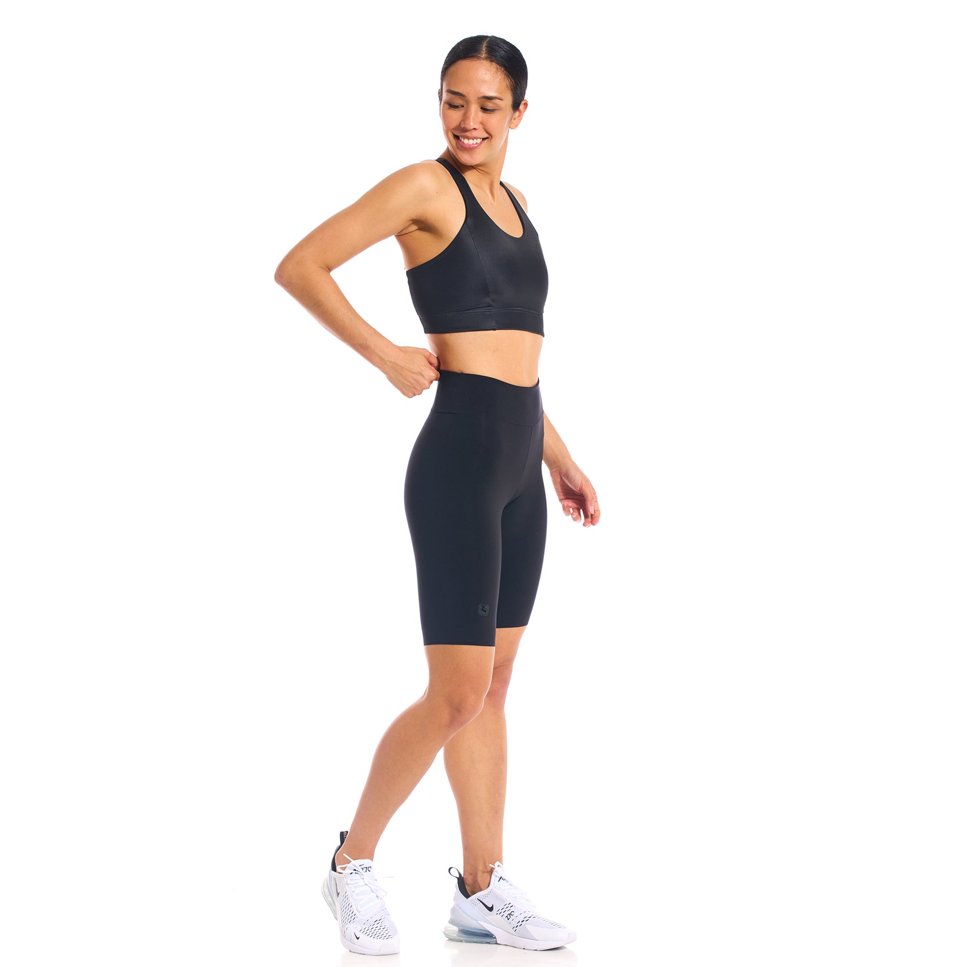 Black athletic bra, layering-friendly racerback, sweat-resistant Aspen™ technology