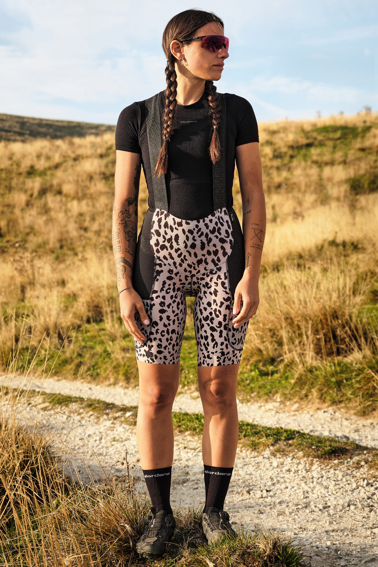 Leopard bib shorts designed for high-compression performance and lasting comfort.