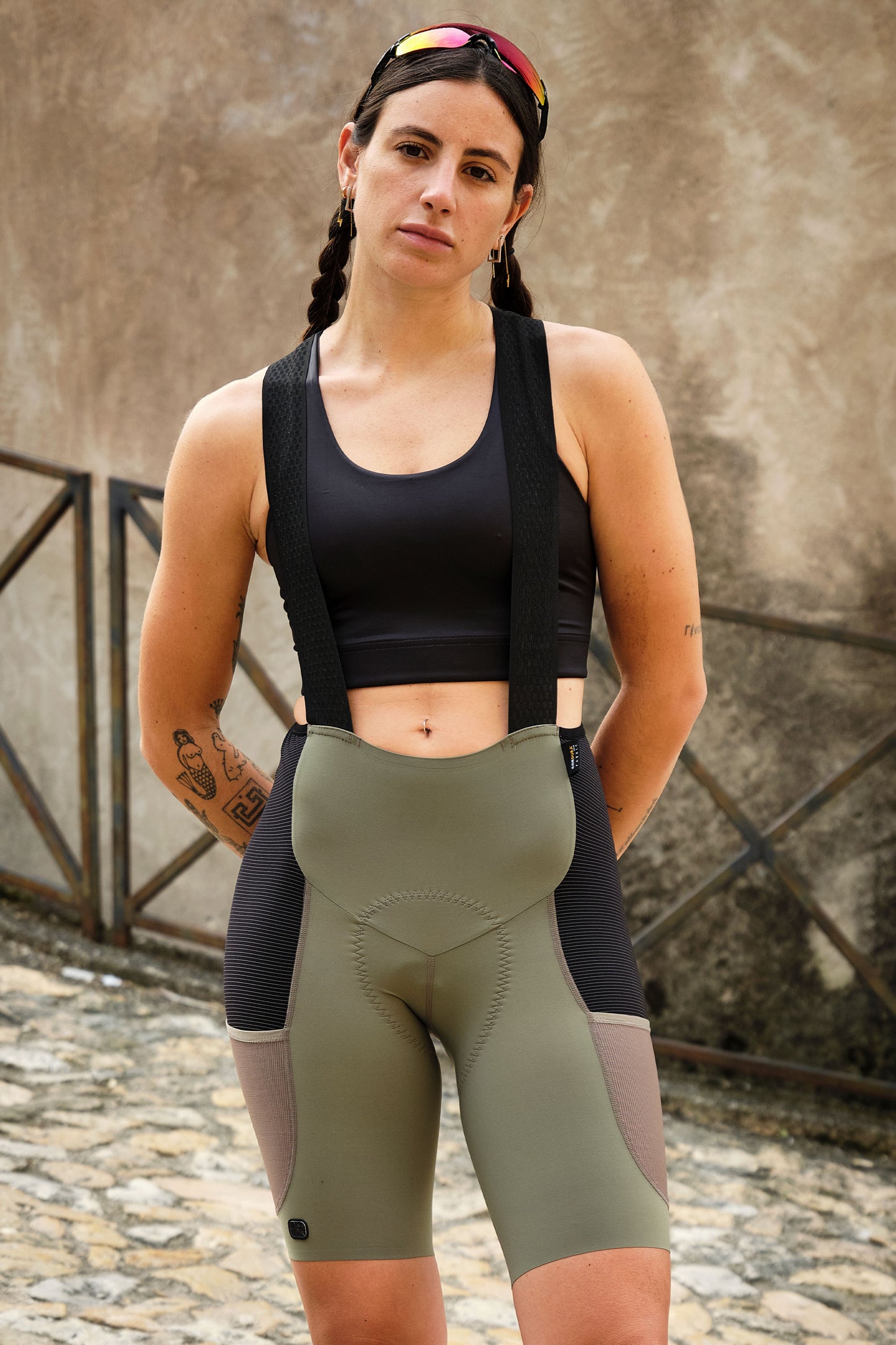 Functional Olive Cargo Bib Shorts with a 9” inseam, tailored for durability and performance.