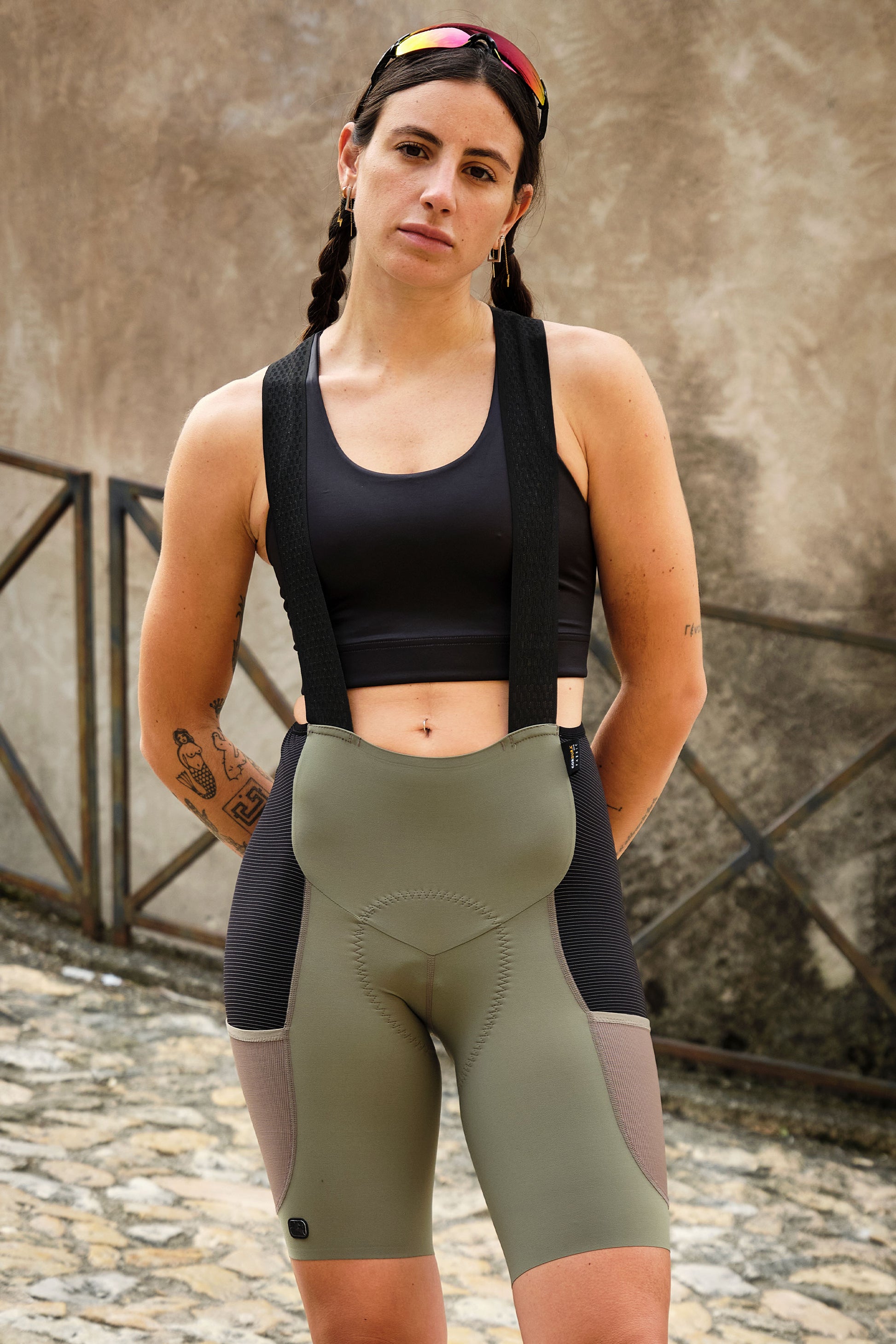 Functional Olive Cargo Bib Shorts with a 9” inseam, tailored for durability and performance.