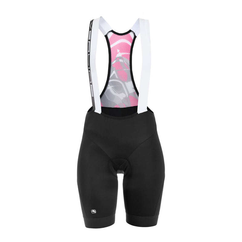 Women's Silverline Bib Shorts in black with a white and pink patterned upper.