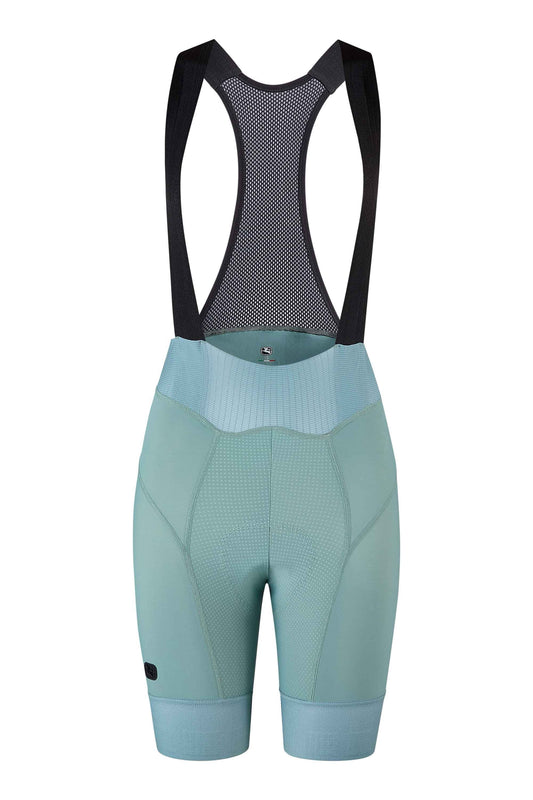 Women's FR-C Pro Bib Short in sage color with a shorter inseam, showcasing the high compression power lycra, anti-abrasion seat panel fabric, and reflective tabs.