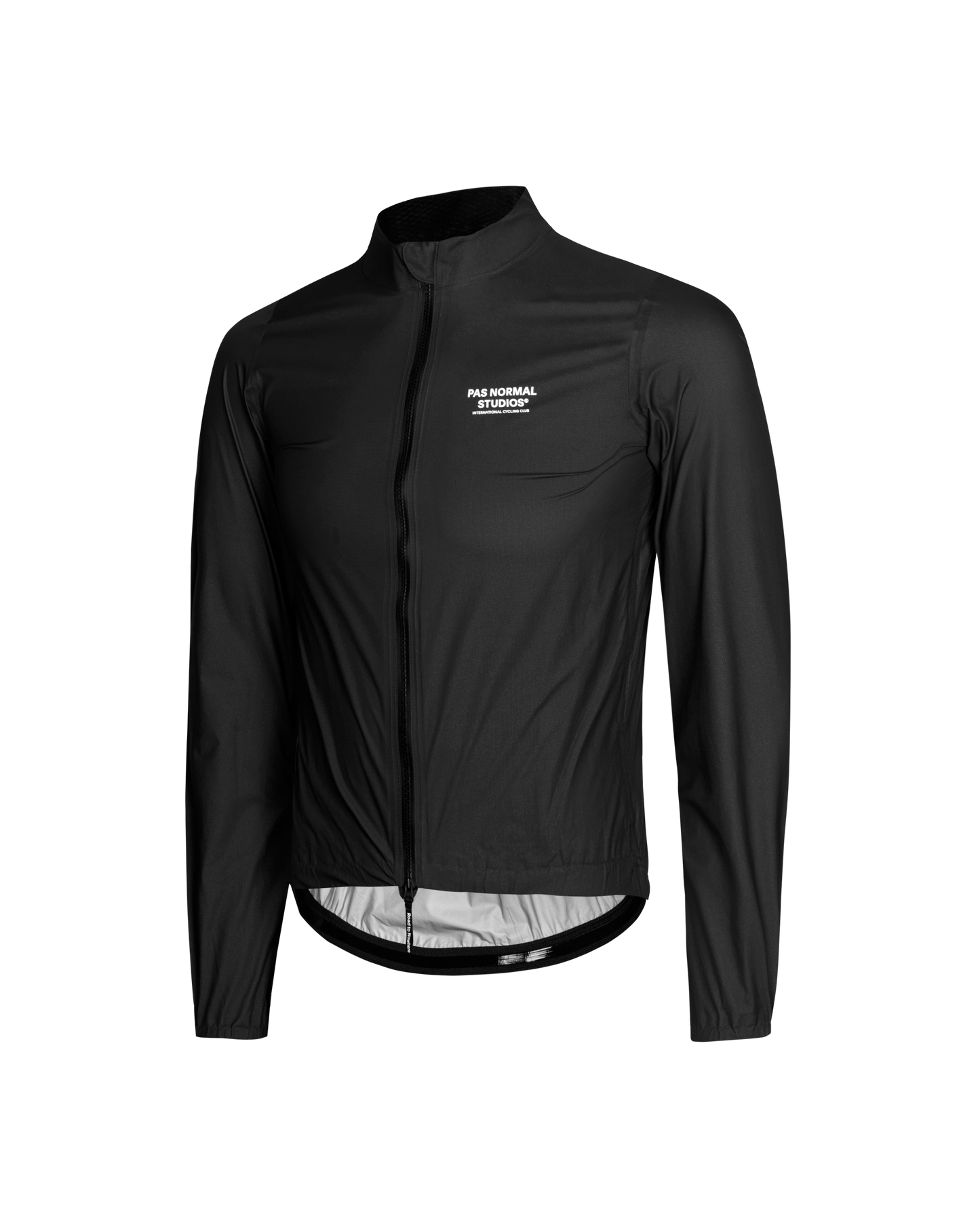 Black cycling jacket with a brand logo on a white background