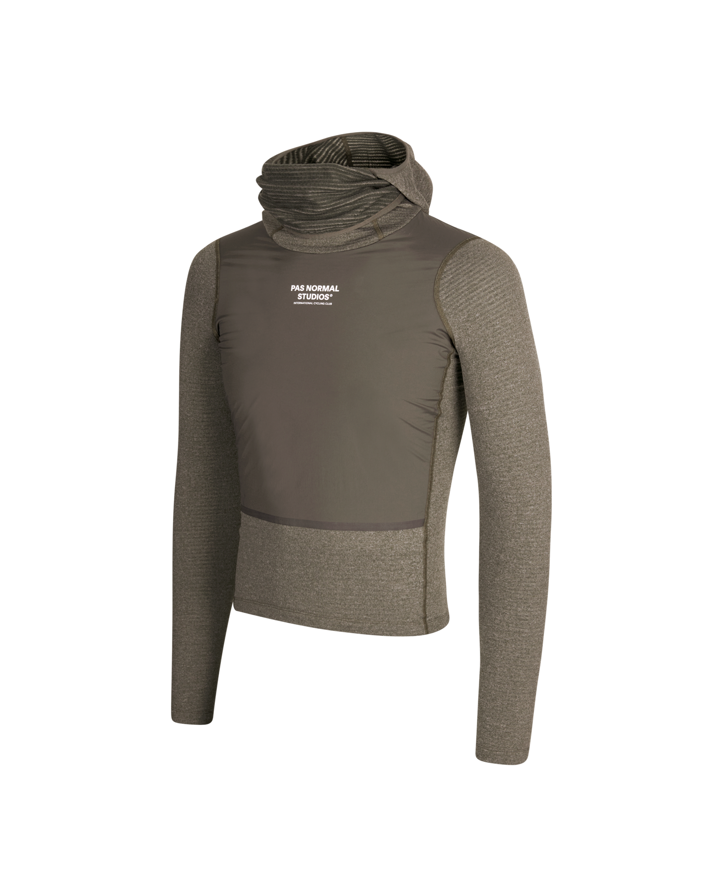 Gray long-sleeve athletic shirt with a logo on a white background