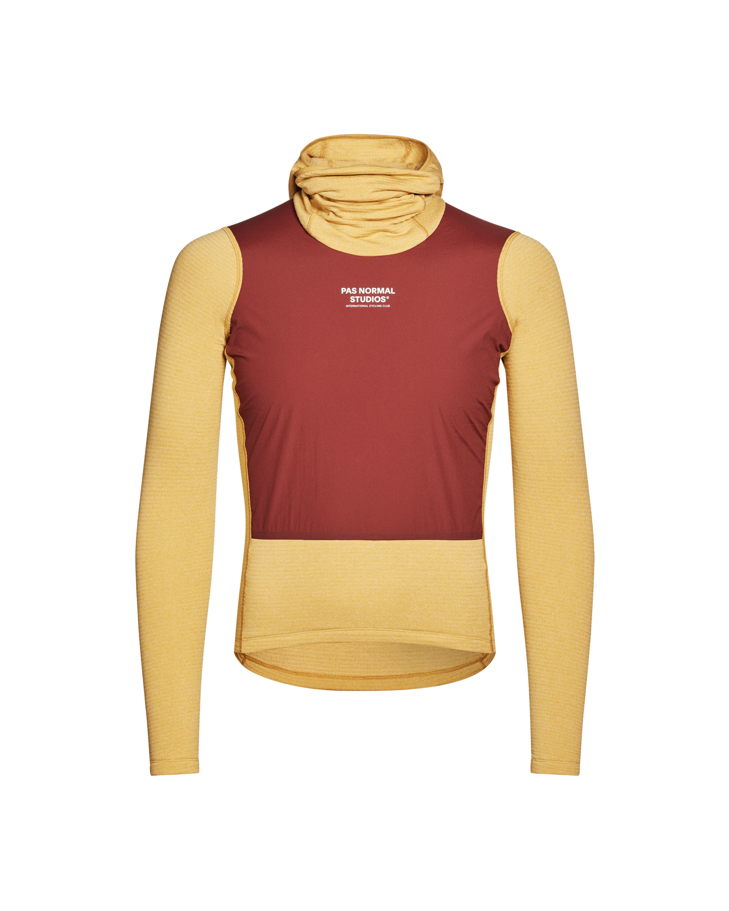 Long-sleeve shirt with maroon top and yellow sleeves on a white background