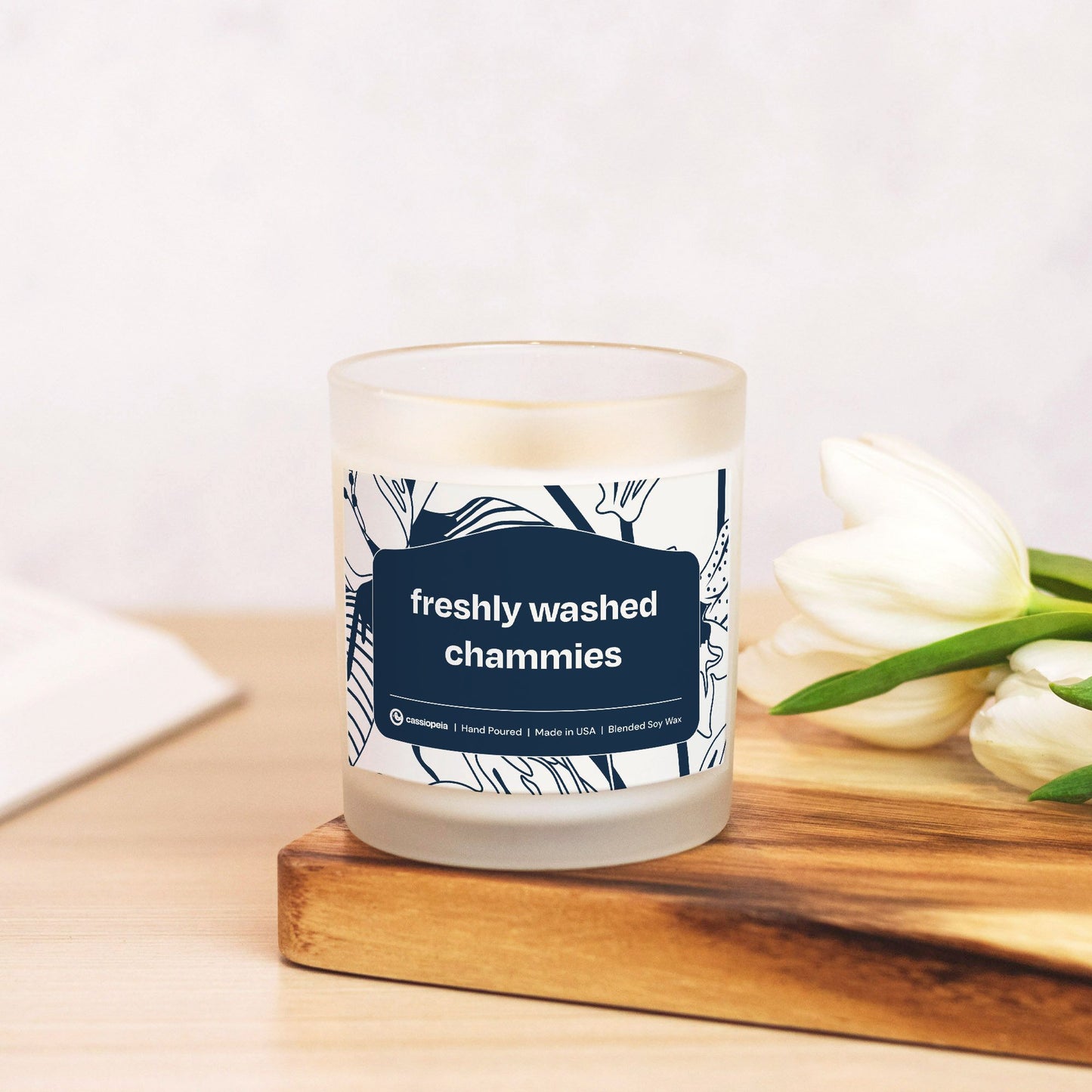 Coconut soy candle, Freshly Washed Chammies, offers a fresh High Tide fragrance.
