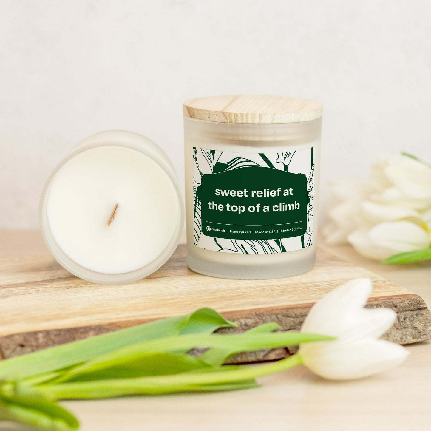 Coconut soy candle, Sweet Relief at the Top of a Climb, features balsam and fir fragrance.
