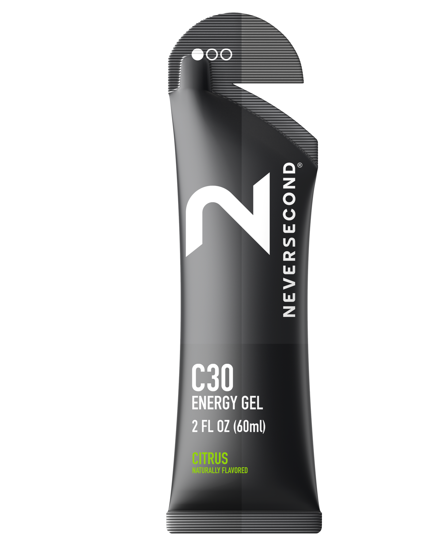 Never Second C30 Energy Gel packaging on a white background