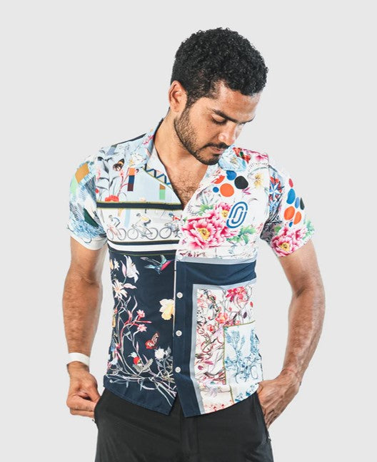 Resort Shirt - Everything Bagel, showcasing its bold, collage-inspired design and Italian performance fabric.