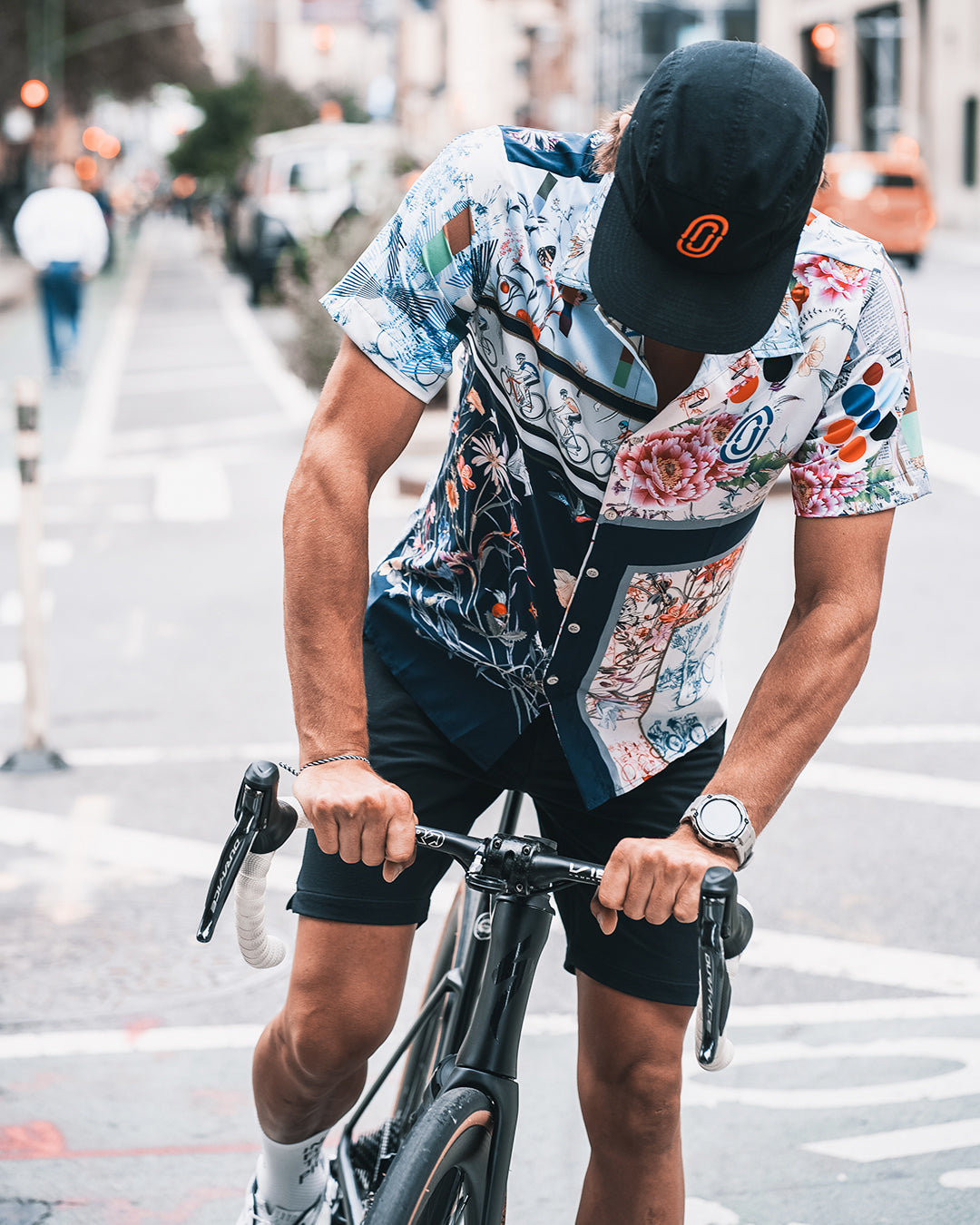 High-quality cycling-inspired shirt combining style and functionality, featuring a unique design created from original art and collages, available on Cassiopeia US.