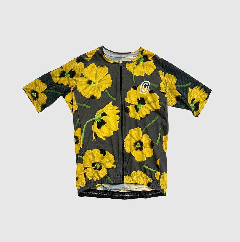 Cassiopeia yellow poppies hand-painted jersey, grey botanical design, 3D mesh sleeves