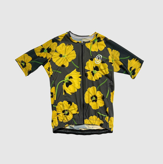 Cassiopeia yellow poppies hand-painted jersey, grey botanical design, 3D mesh sleeves