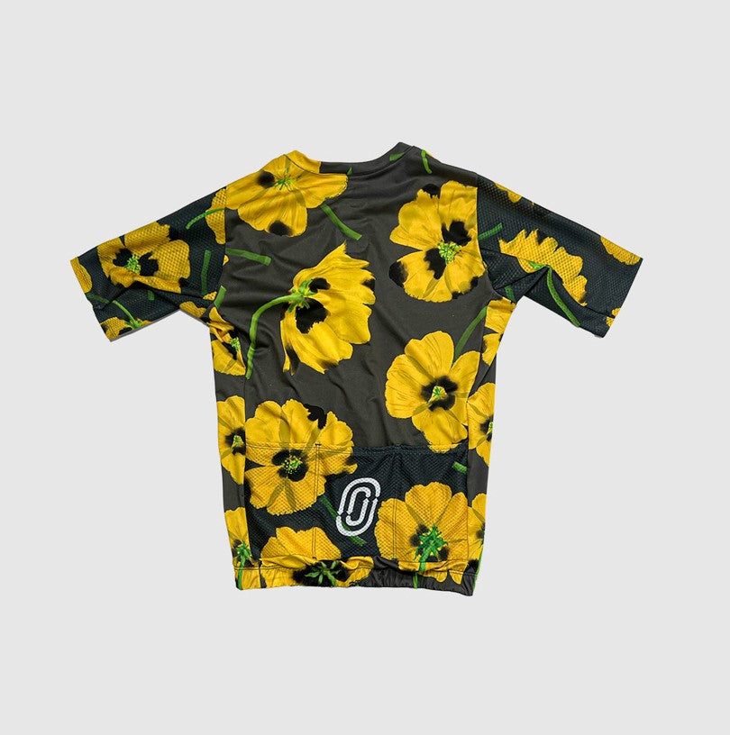 Cassiopeia short sleeve jersey with Italian fabric, yellow poppies on grey background
