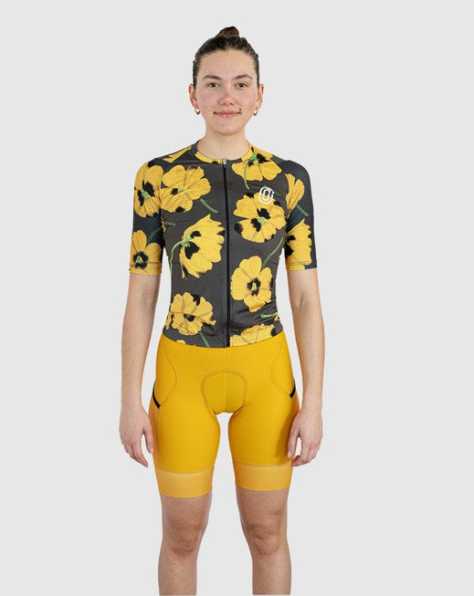 Cassiopeia breathable Italian fabric jersey, hand-painted yellow poppies, minimalist style