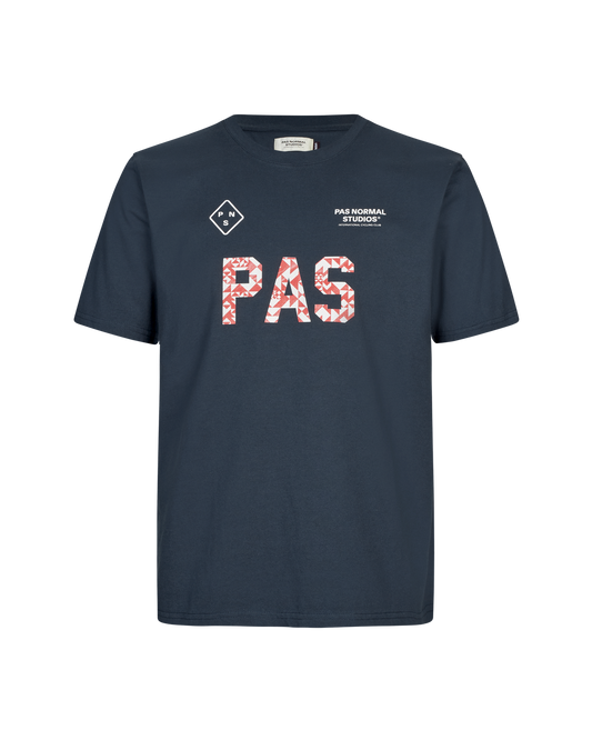 A navy-colored t-shirt with the text 'PAS' and a patterned design on the chest area, featuring short sleeves and a round neckline.