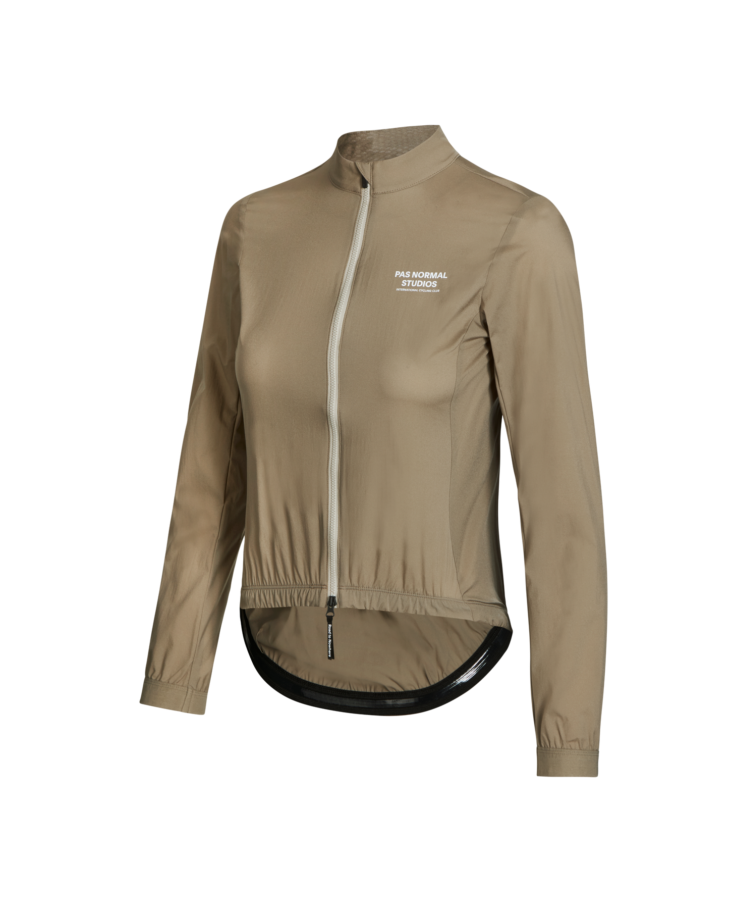 Side view of the PNS Mechanism Stow Away Jacket - Beige, highlighting its extended rear panel with silicone gripper.