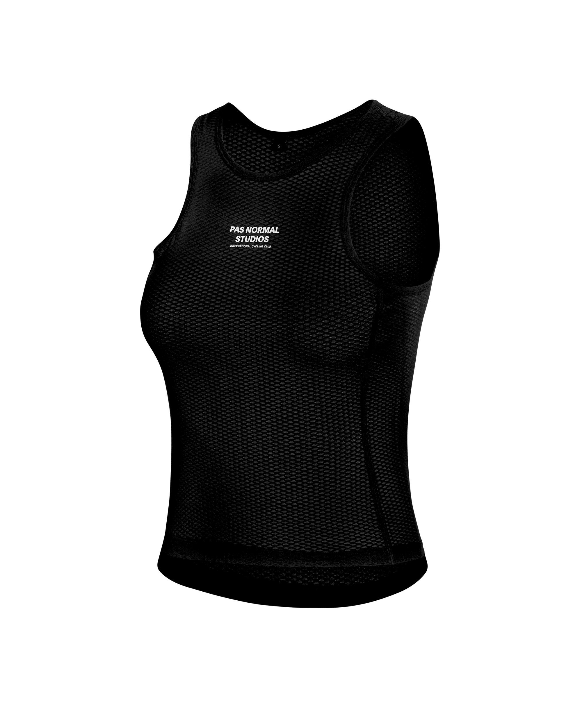 Side view of the PNS Sleeveless Base Layer - Black, highlighting its anatomically-fitted design and open mesh pattern.