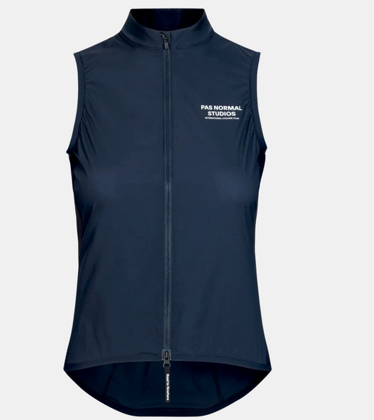Women's Mechanism Stow Away Gilet - Navy by PAS NORMAL STUDIOS, showcasing lightweight, packable design and DWR-treated fabric.