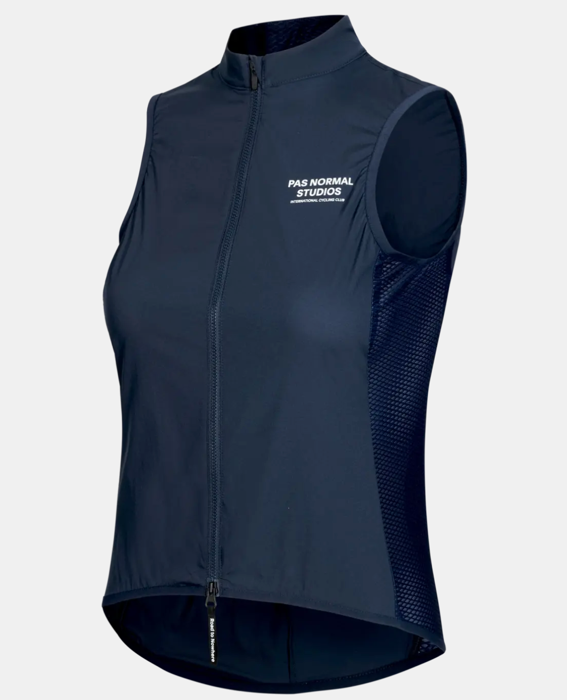 Side view of the PNS Mechanism Stow Away Gilet - Navy, highlighting its stretchable mesh side panels.