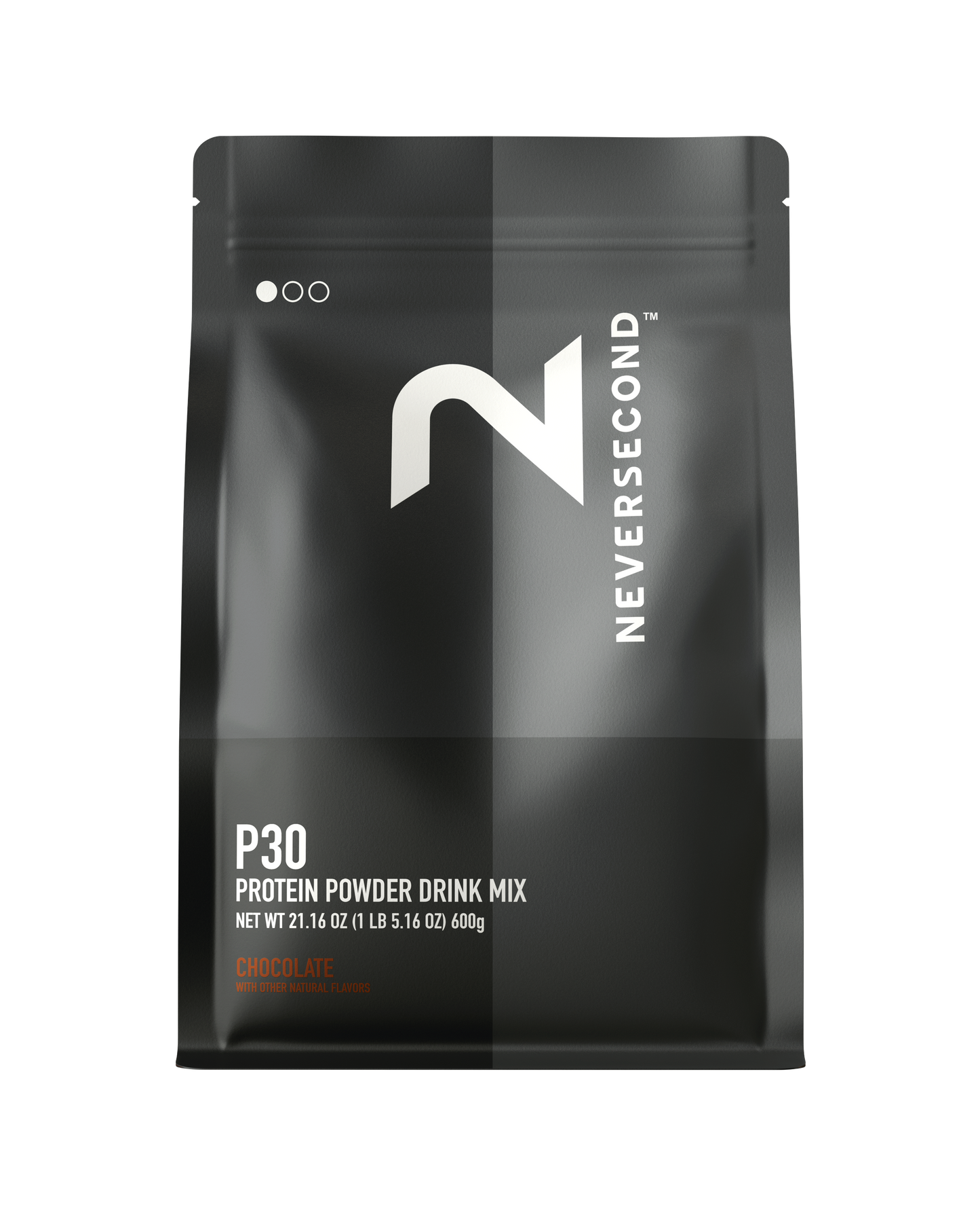 Black protein powder drink mix package with 'Never Second' branding on a white background